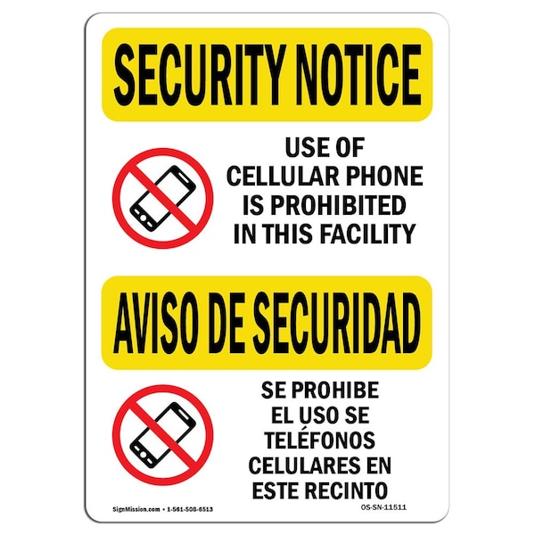 OSHA Security Sign, 3.5" Height, 5" Wide, Cellular Phone Prohibited Bilingual, Landscape, 10PK